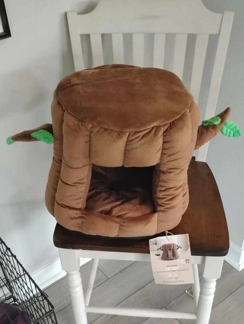 Plush Brown Tree Stump Cat Bed with Green Leaf Accents